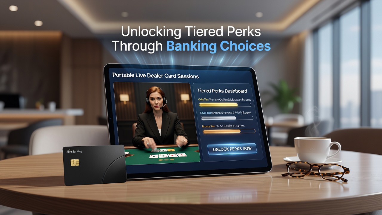 Smartphone met live dealer poker sessie en beloningsdashboard met tier niveaus